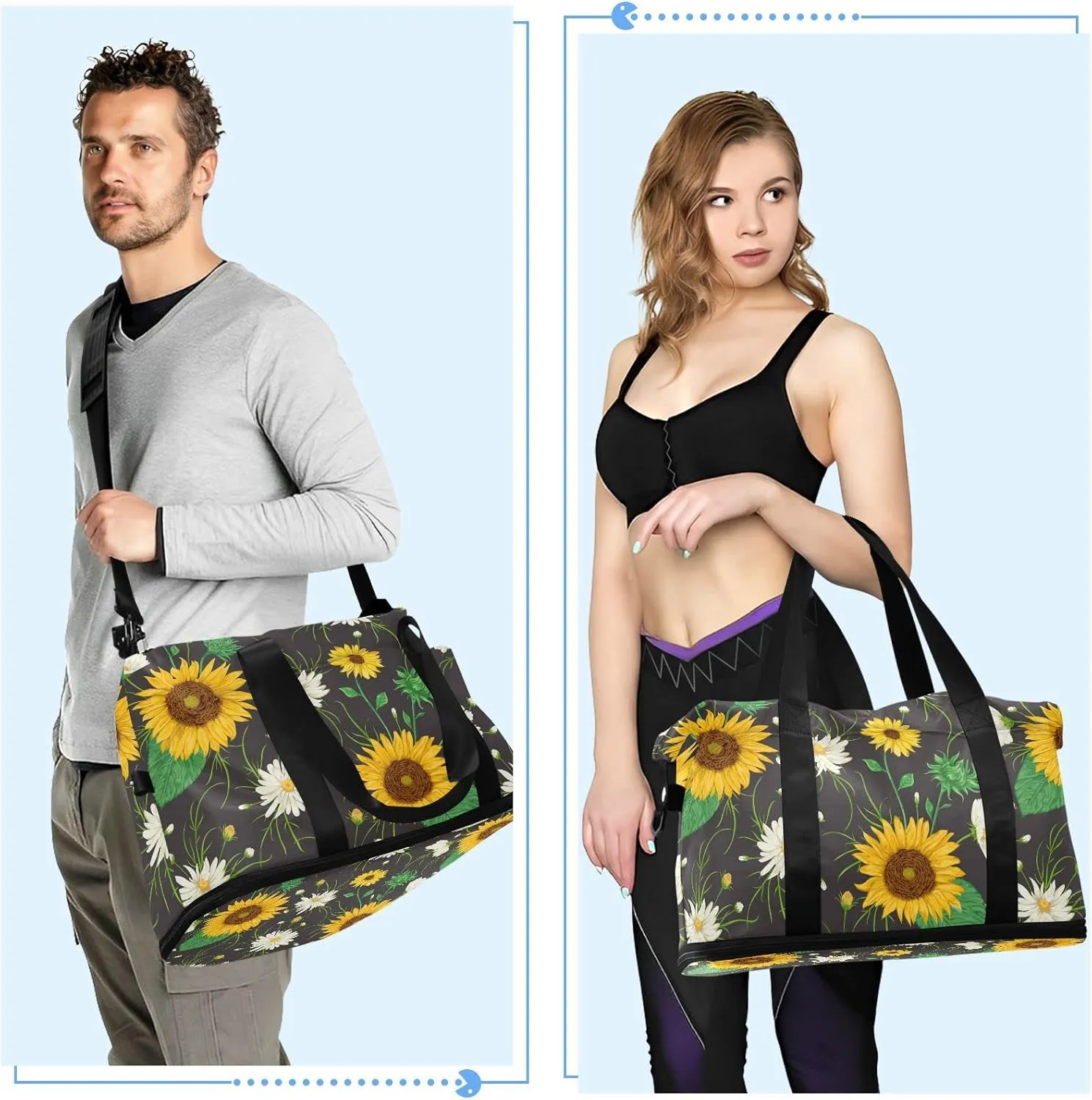Yellow Sunflowers White Chamomile Flowers with Green Leaves on Dark Gym Duffel Bag, Polyester Travel Weekender Luggage Handbag with Waterproof Pocket for Wet Items, Unisex Foldable Tote for Sports