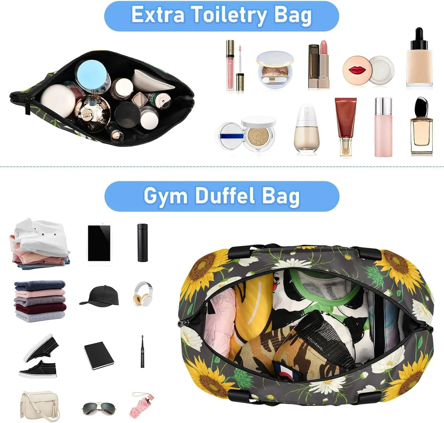 Yellow Sunflowers White Chamomile Flowers with Green Leaves on Dark Gym Duffel Bag, Polyester Travel Weekender Luggage Handbag with Waterproof Pocket for Wet Items, Unisex Foldable Tote for Sports
