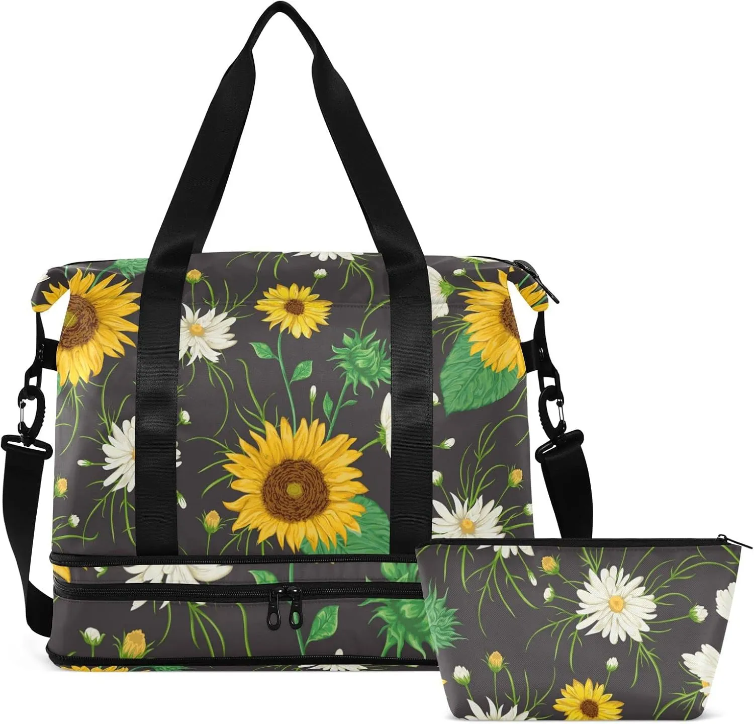 Yellow Sunflowers White Chamomile Flowers with Green Leaves on Dark Gym Duffel Bag, Polyester Travel Weekender Luggage Handbag with Waterproof Pocket for Wet Items, Unisex Foldable Tote for Sports