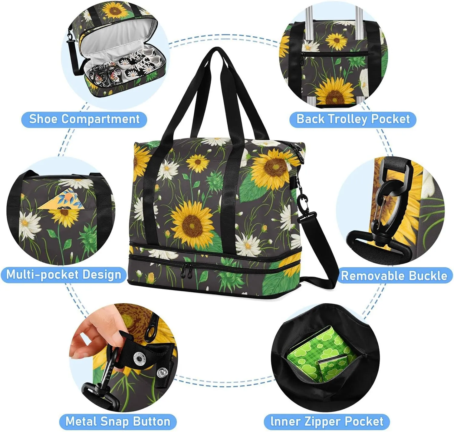Yellow Sunflowers White Chamomile Flowers with Green Leaves on Dark Gym Duffel Bag, Polyester Travel Weekender Luggage Handbag with Waterproof Pocket for Wet Items, Unisex Foldable Tote for Sports