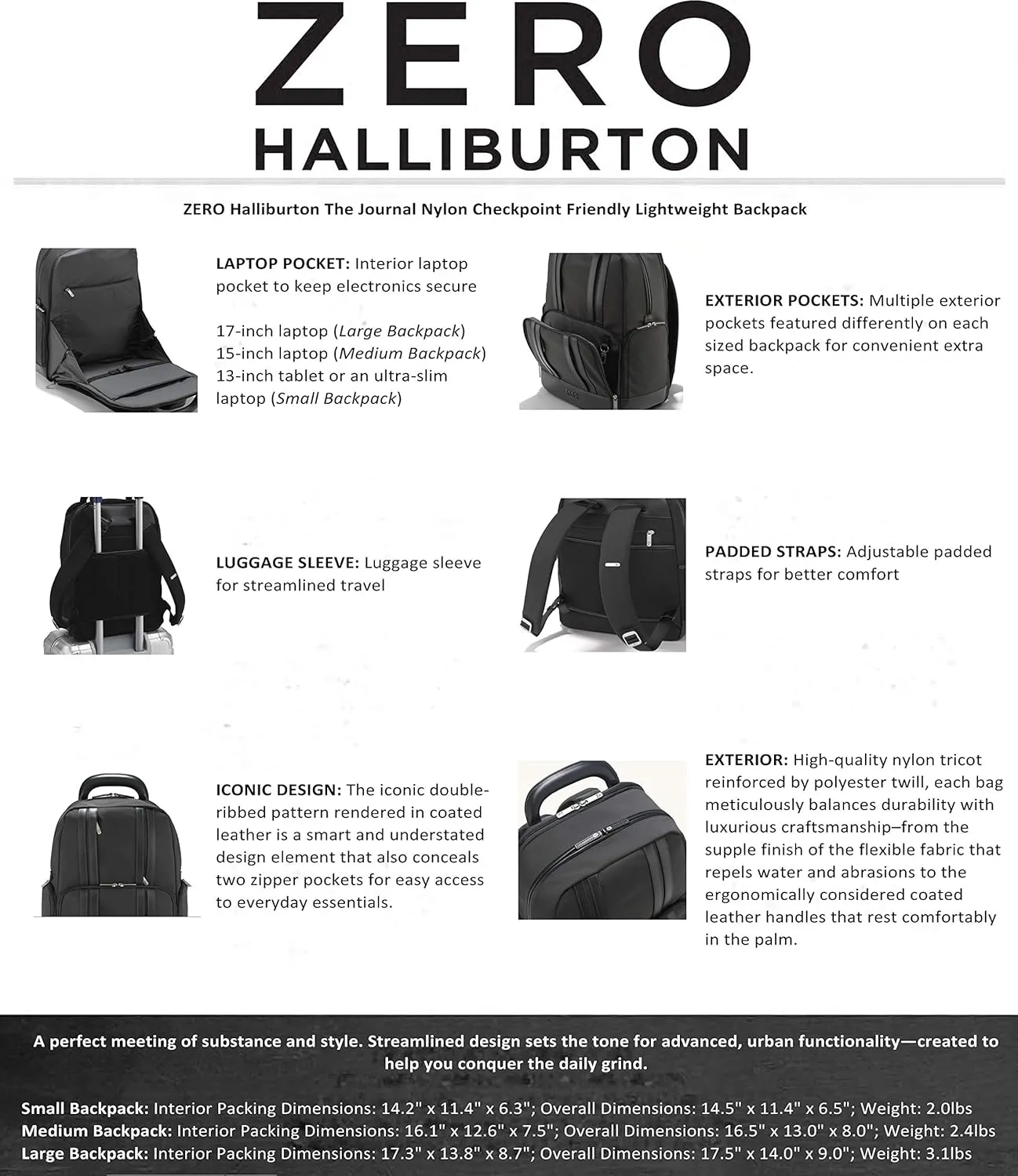 ZERO Halliburton The Journal Nylon Lightweight Backpack (Gray, Small Backpack)