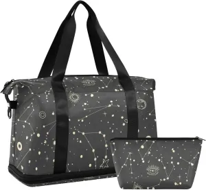 Zodiac Signs Moon Moonlight in Vintage Style on Dark Gym Duffel Bag, Polyester Travel Weekender Luggage Handbag with Waterproof Pocket for Wet Items, Unisex Foldable Tote for Sports