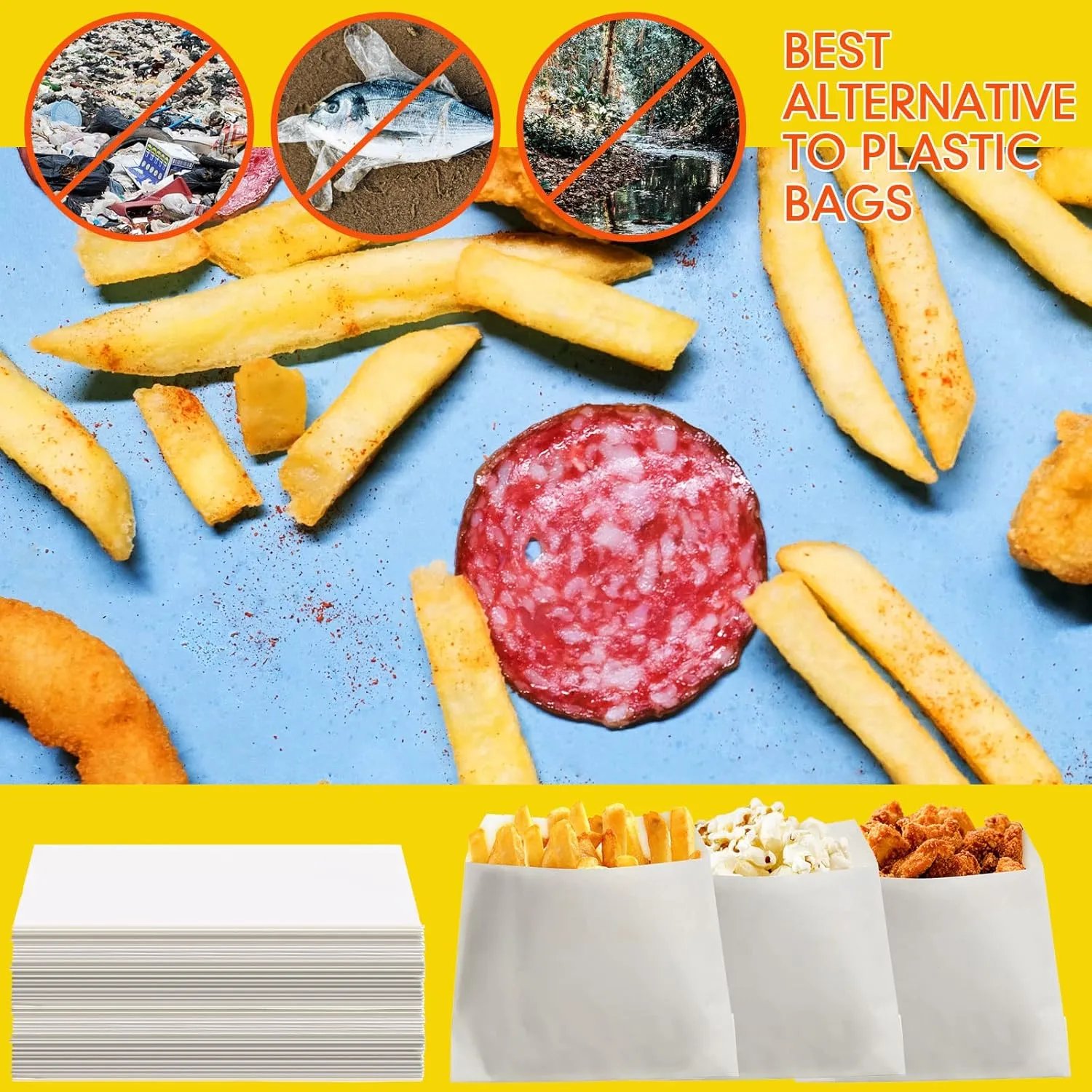Zubebe 400 Packs French Fry Bags Grease Resistant Paper for French Fry Disposable Hash Fries Bag Bakery Cookies Candy Snacks(White,4.7 x 4.5 Inch)