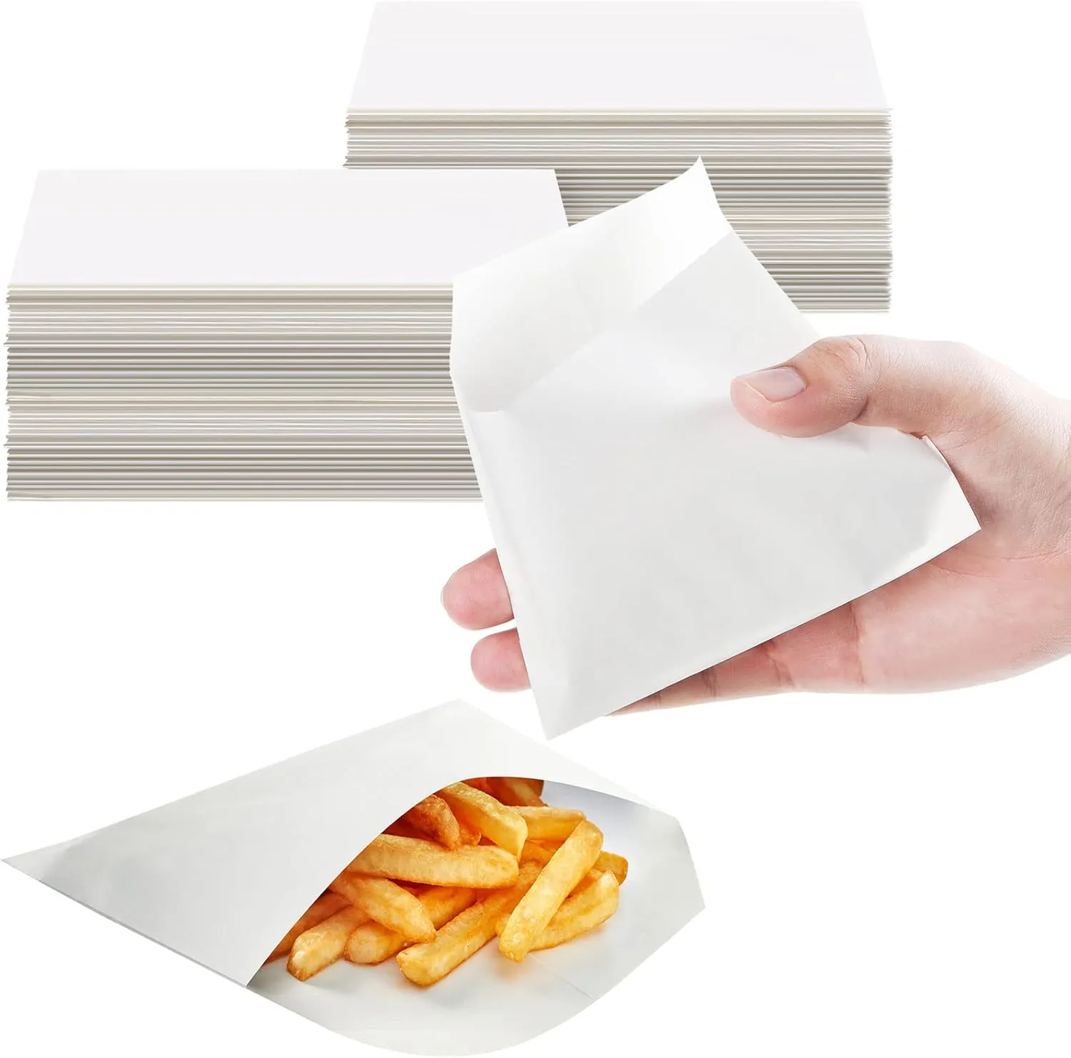 Zubebe 400 Packs French Fry Bags Grease Resistant Paper for French Fry Disposable Hash Fries Bag Bakery Cookies Candy Snacks(White,4.7 x 4.5 Inch)
