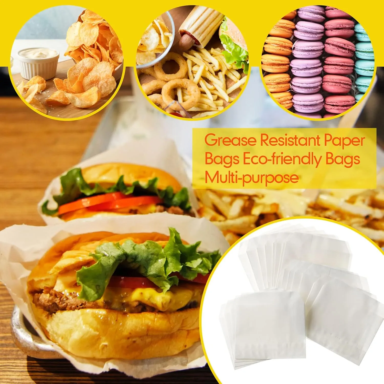 Zubebe 400 Packs French Fry Bags Grease Resistant Paper for French Fry Disposable Hash Fries Bag Bakery Cookies Candy Snacks(White,4.7 x 4.5 Inch)